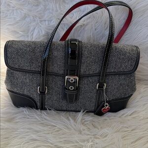 Coach Vintage Black and Gray Herringbone Bag with Red Charm